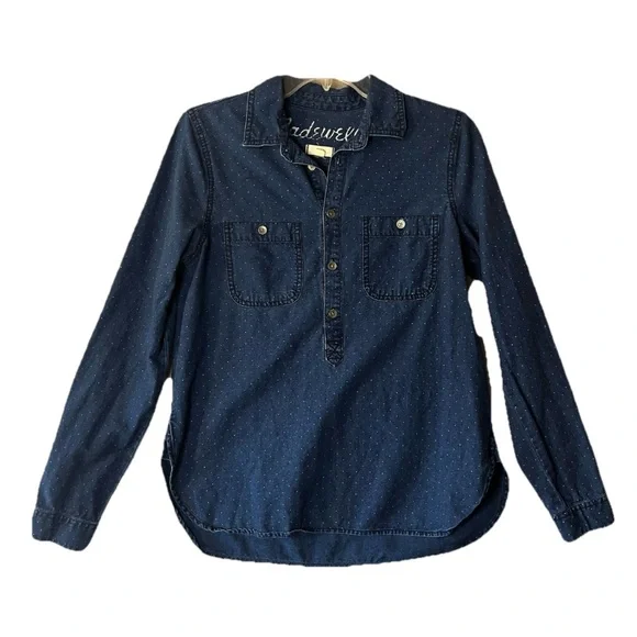 MADEWELL Chambray Denim Shirt Womens Small Blue Dot Henley Long Sleeve - Picture 1 of 8